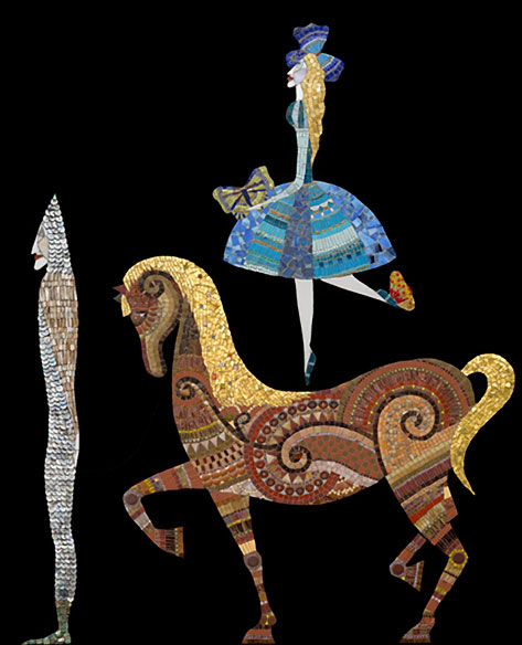 Irinia-Charny - mosaic of girl in blue dress standing on a horse 