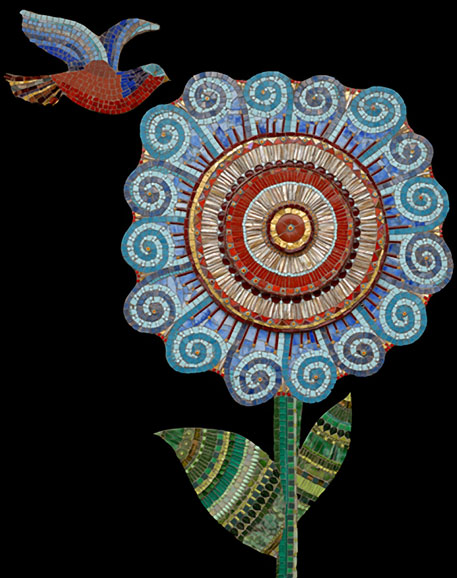 Irinia-Charny -large mosaic flower with a flying bird 