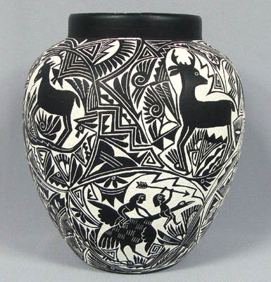 Acoma Sgraffito Pottery Jar - R Garciawith deer and bird motifs with abstract patterns