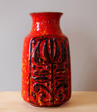 West German Bay-red glaze mid-century vase with black motif