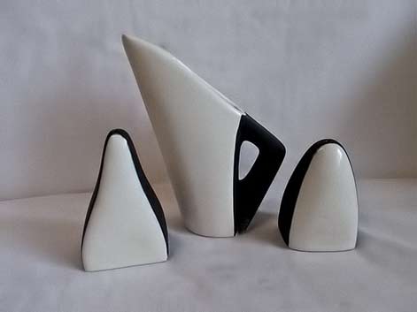 Mid Century ceramic black and white pourer and salt and pepper shakers
