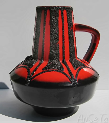 Large Handled Jug glazed in bright red with a dark Fat Lava overglaze by Fohr Keramik
