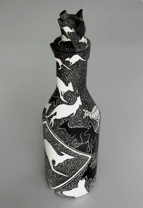 Populate or Perish - Ceramic sculpture by Pru Morrison white kangaroos on a black background