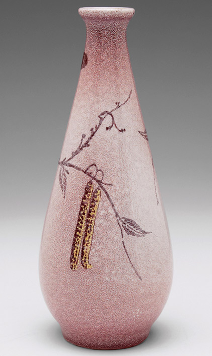 Schoonhoven-vase,-Dutch bulbous shape with painted organic designs on a mottled pink and ivory ground.