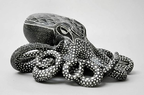octopod+sculpture by Tim-Christensen in black and white porcelain sgraffito
