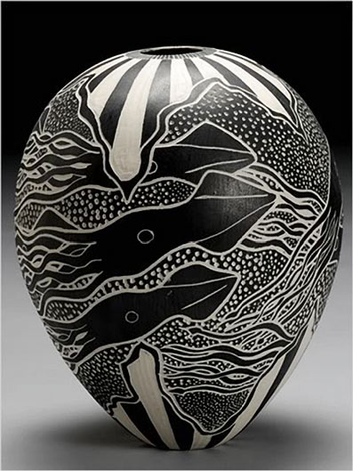 Ovoid black and white porcelain vessel - 'Squidcircus'  - Tim Christensen