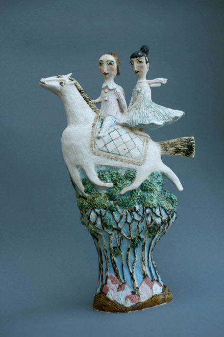 'Tam visoko' - Elya Yalonetskaya - figurine of young couple riding a white horse