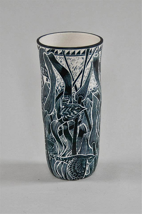 wrens+and+grass+10 inches high Black and white sgraffito vase by tim-christensen