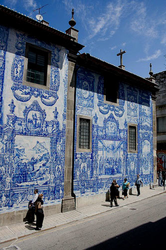 Azulejos-Porto,Portugal - large wall of blue and white tiles