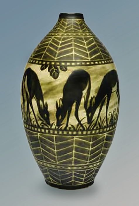 Charles-Cotteau-- grazing deer art deco geometric vase