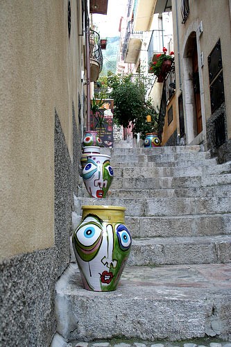 Handpainted-pots-on the steps in Sicily, italy