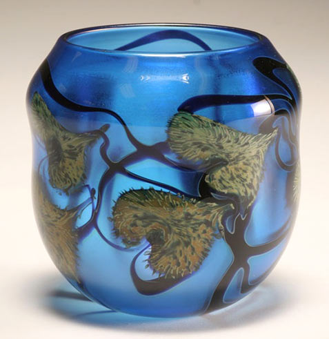 John Lotton blue studio glass with plant motif
