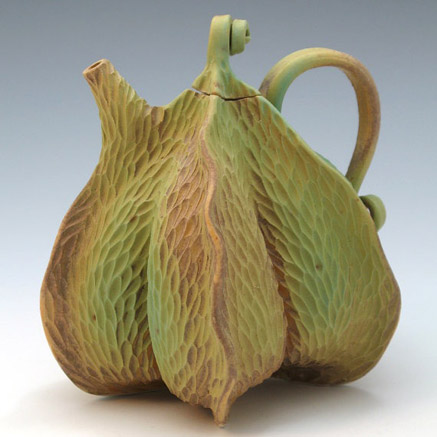 ceramic art Roberta Polfus textured tea pot in green and brown