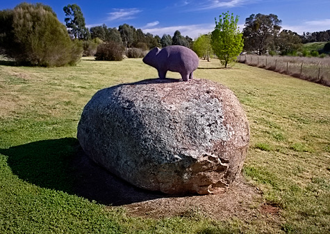 Wombat-sculpture,-looking-towards-the-Olympic-Highway-in-the-village-of-Wombat,-New-South-Wales.