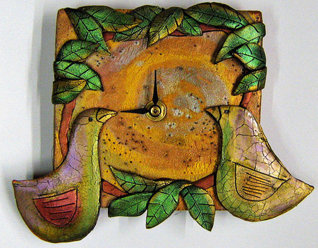 aMused-Creations polymer wall clock with two birds and green leaves