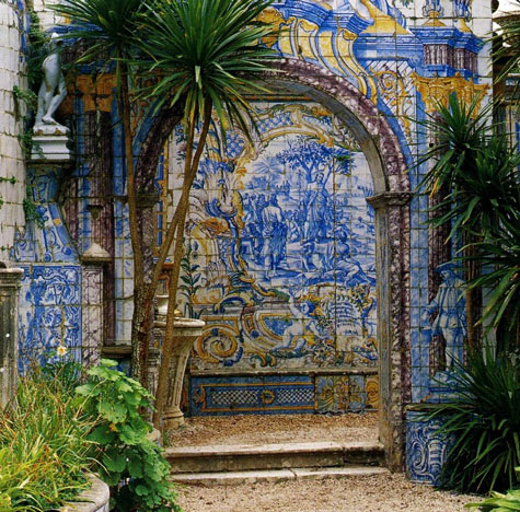 Azulejo tiled wall in Portuguese courtyard