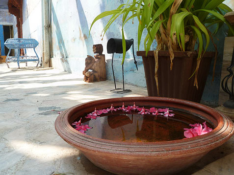large ceramic water bowl in a courtyard