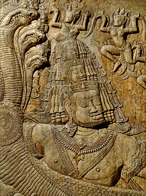 Angkor-Wat Vishnu churning the sea of milk wall relief