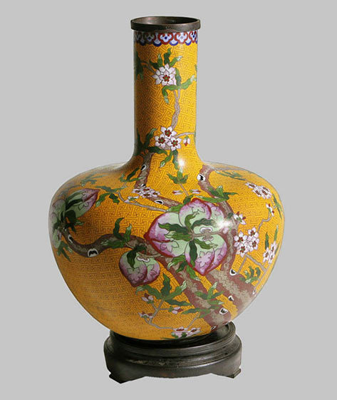Long necked mustard cloisonne vase 