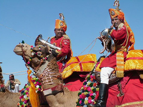 Indian musicians riding camels