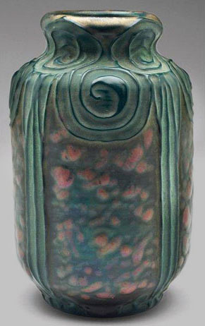 Green and pink art nouveau vase with spiral motifs