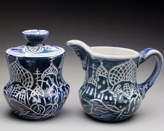 BeckyStrickland-sgraffito lidded jar and small creamer in blue and white