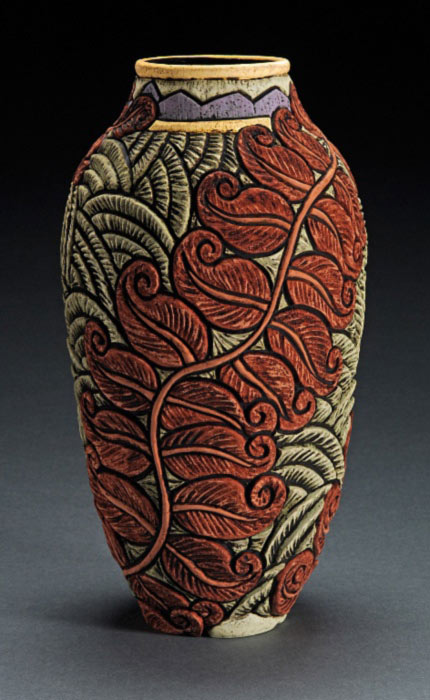 vase with sgraffito leaves and patterns - by Deb Le Air