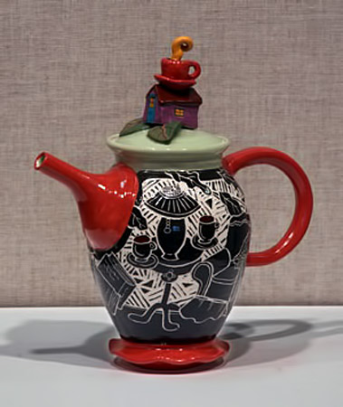 Elaine Lamb black white red and green sgraffito motif teapot