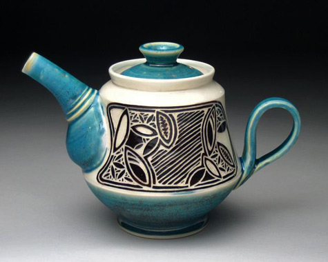 Rachel-DePauw-sgraffito-art-nouveau-pottery Turquoise and white with sgraffito panel teapot