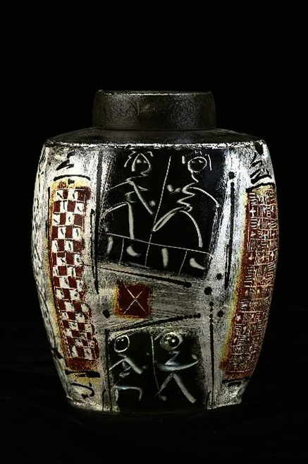 Sylvian Meschia scraffito vessel- abstract figures and geometric motifs