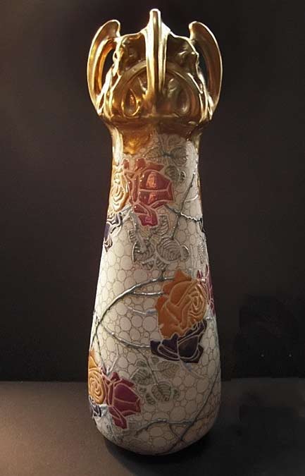 Teplitz Turn Amphora-RStK-Art-Nouveau-Vase with rose motifs