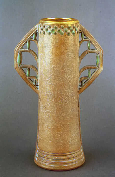 Gold twin handled vase by Paul Dachsel with green highlights