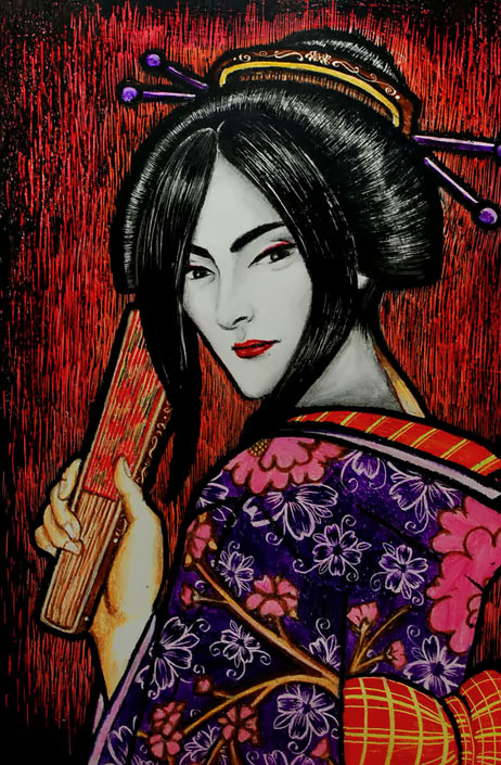 Dawn Catherine Llanera.sgraffito crayon drawing of a Geisha girl