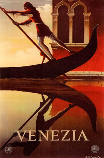 Venice-Travel-Poster with a man steering a Gondola