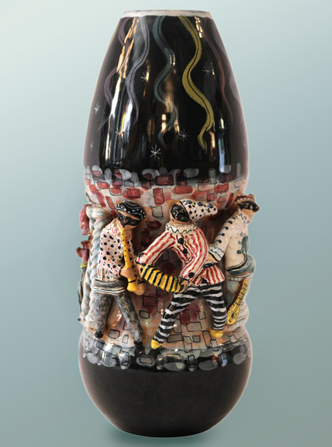 San-Polo-was-with-figurines San-Polo,-Vase-'comedia-dell-arte',-signed,-Circa-1955-Italy