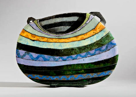 Woman Up contemporary vessel with horizontal curved stripes and handles