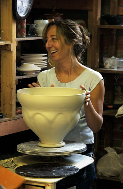 Lorna Meaden in studio with large pottery vessel