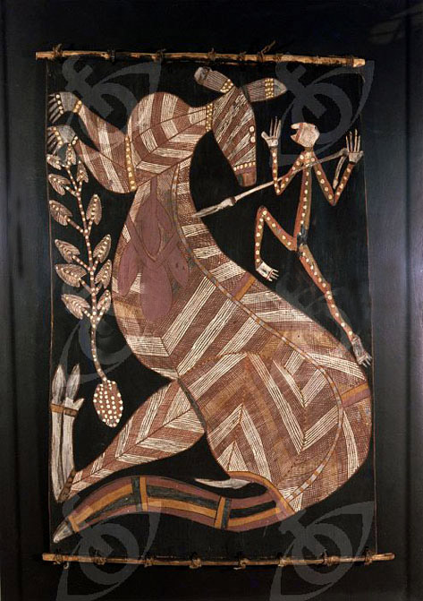 Bark aboriginal painting of hunter and kangaroo