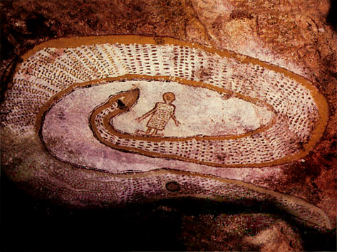 Wandjina Serpent rock painting large serpent with a human figure