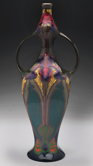 Gouda vase,-double-handled-six-sided-shape-with-colorfully-painted-floral-design