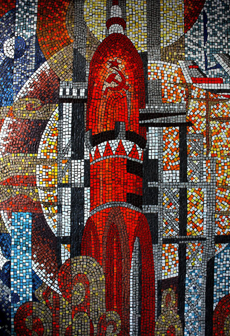 Soviet-rocket-mosaic-mural,-Ulan-Ude-Airport