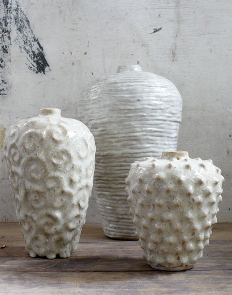 mervyn gers ceramic vessels with heavy textured white surface