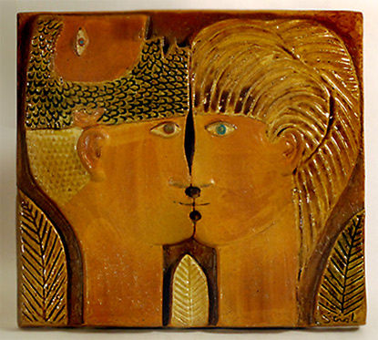 Stoneware tile with illustration of a kissing couple by Stig Lindberg