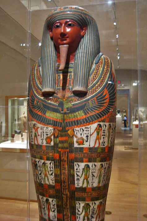  Mummy Case of Nespanetjerenpere at Brooklyn Museum - black, red, green and white with hieroglyphic decoration