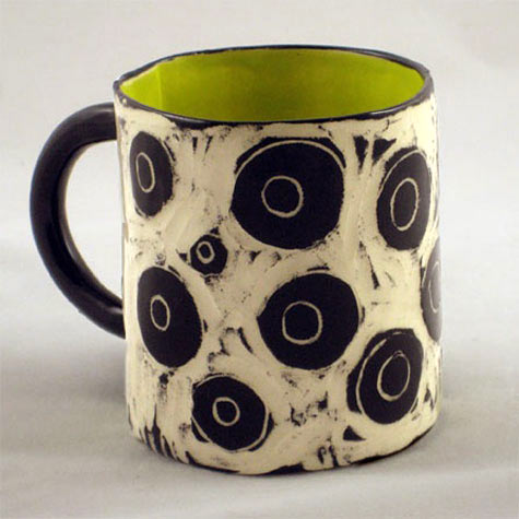 Wendy Gingell mug green glaze inside black and white exterior