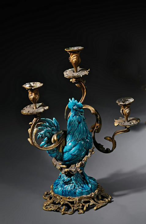 French Porcelain turquoise rooster and Dore Bronze Three-Light Candelabra