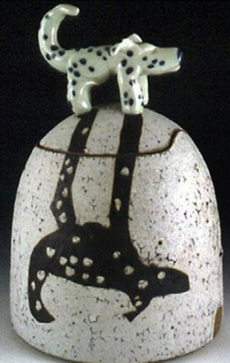 Shadow Dog pot - VisGirda lidded ceramic vessel with dog figure on lid