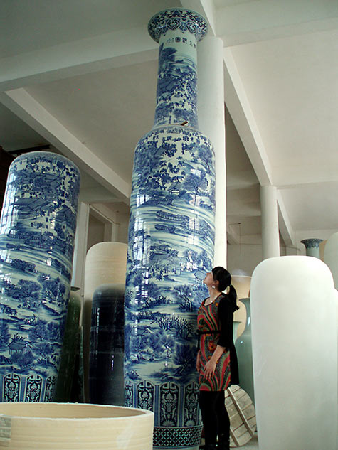 Kim Goldsmith with big blue and white ceramic vase