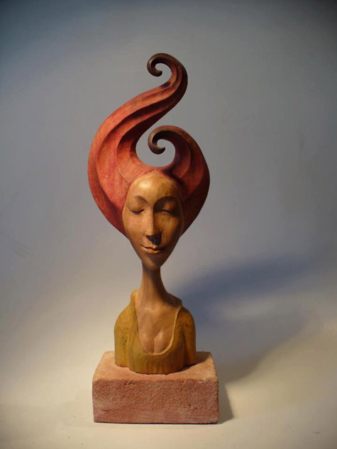 Wooden bust Sculpture by Somogyi Ferenc - flowing hair with two big curls