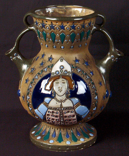 Amphora Austrian polychrome vase with two side spout handles, maiden motif